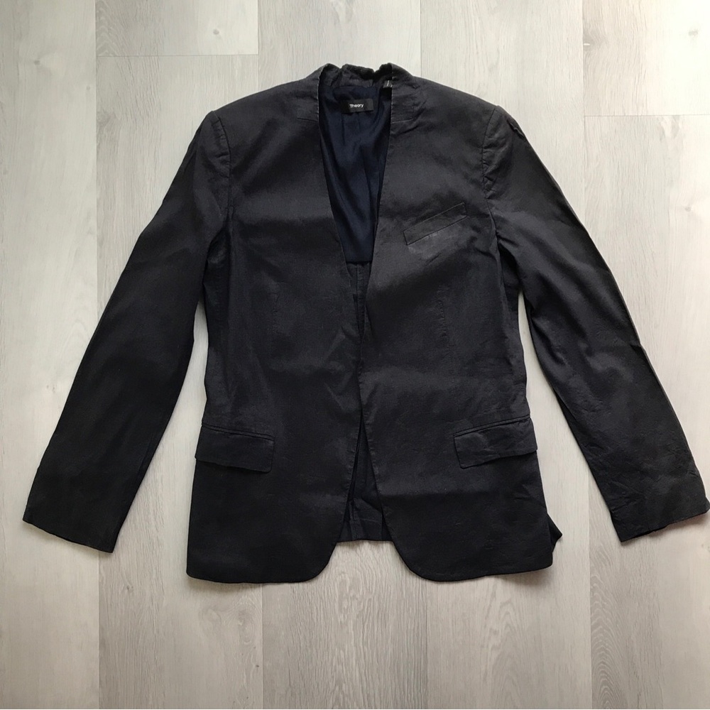 THEORY LINEN BLUE BLAZER JACKET OPEN FRONT LONG SLEEVE 10